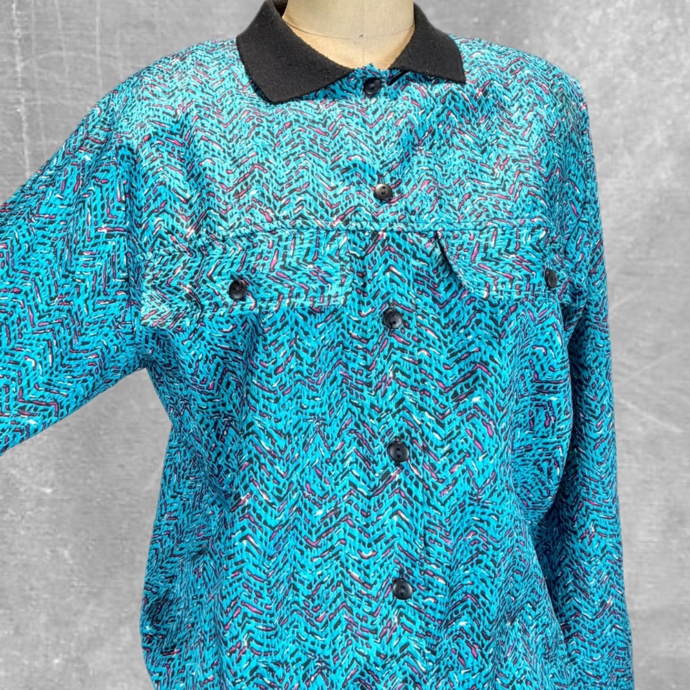 VINTAGE 80s funky‎ neon bold shirt button down ribbed waistband knit collar teal